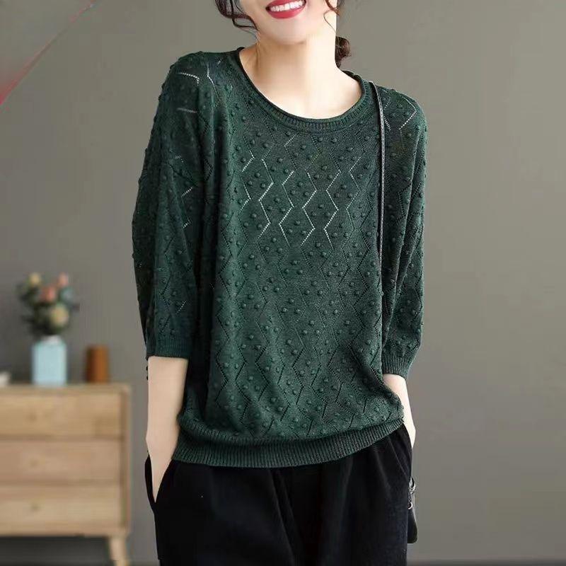 Large Size Knitted Sun Protection Shirt for Spring Summer T-shirt Omen's Artistic Retro Mid Sleeved Woolen Top