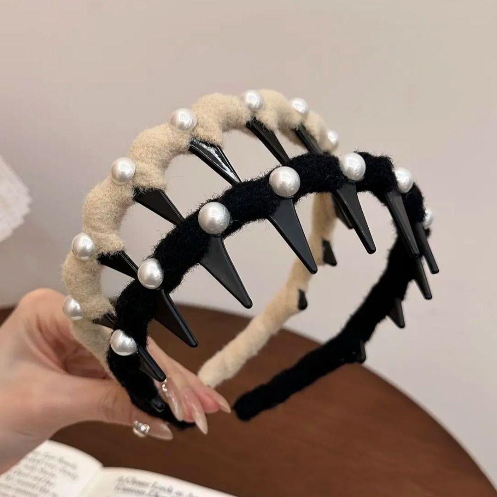 Solid Color Pearl Wave Headband Beads Face Wash Hairband Portable Plastic Hair Band  Makeup