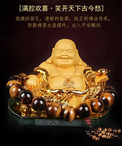 Hotei, one of the Seven Lucky Gods, is a gold-colored Buddhist figurine perfect for warding off evil, bringing good fortune, and bringing good luck. T