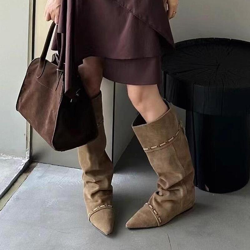 Cowhide version~ Genuine leather retro pointed western cowboy boots but knee boots versatile stacking boots strap high boots