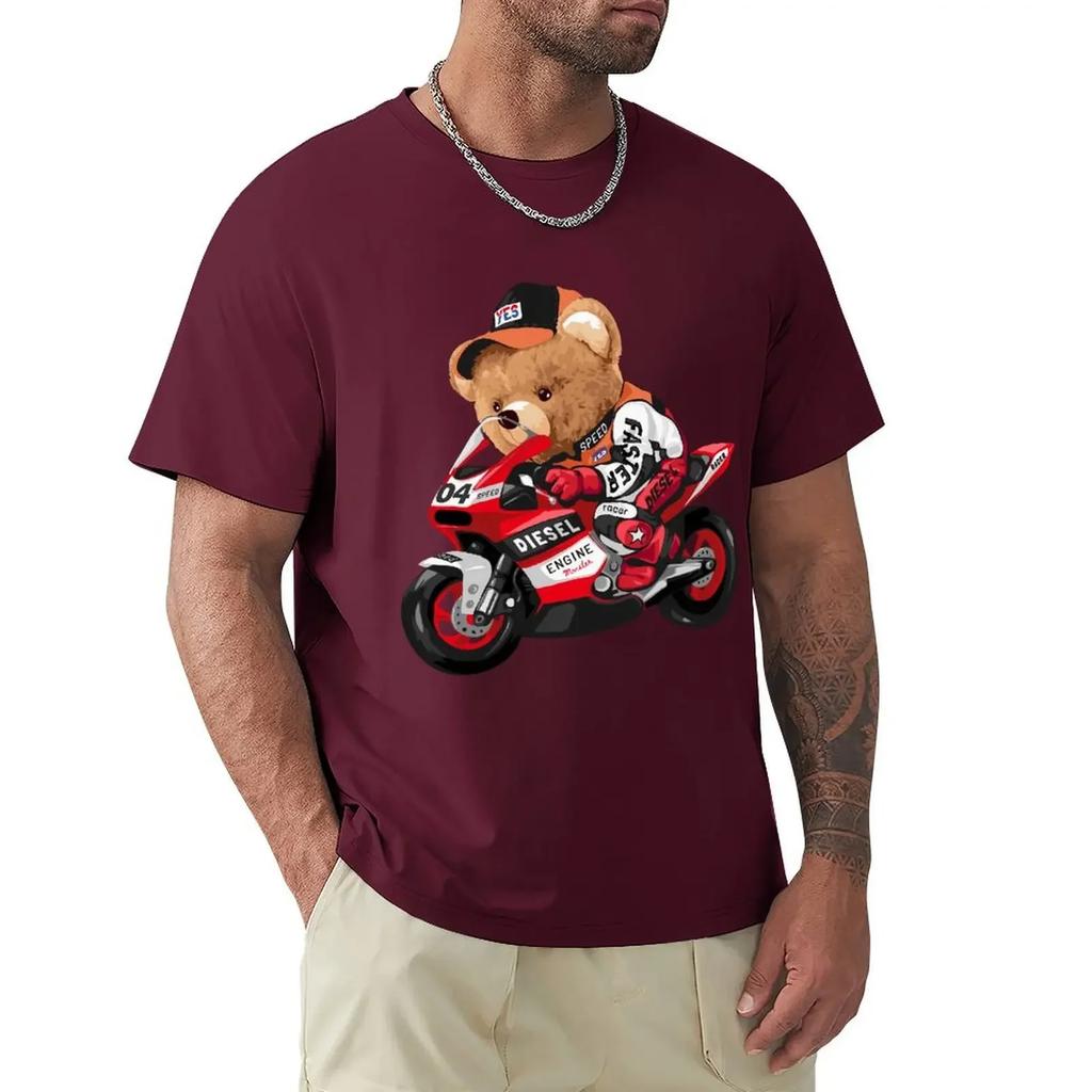 Cute Teddy Bear Riding Motorcycle T Shirt Harajuku Short Sleeve T-shirt 100% Cotton Graphics Tshirt Tops