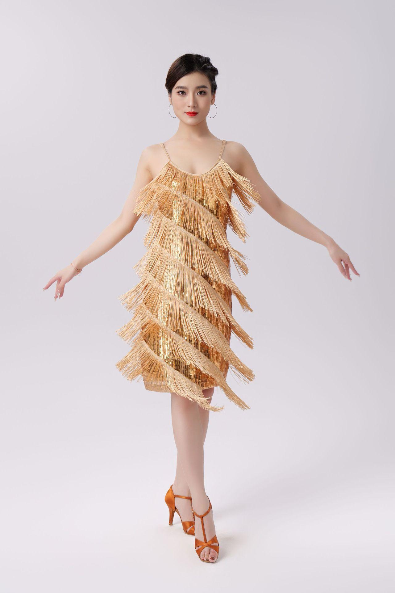 

New Adult Latin Dance Spring Sequins Tassel Dress Dance Dress Party Dress Stage Suit Competition Suit S золотой