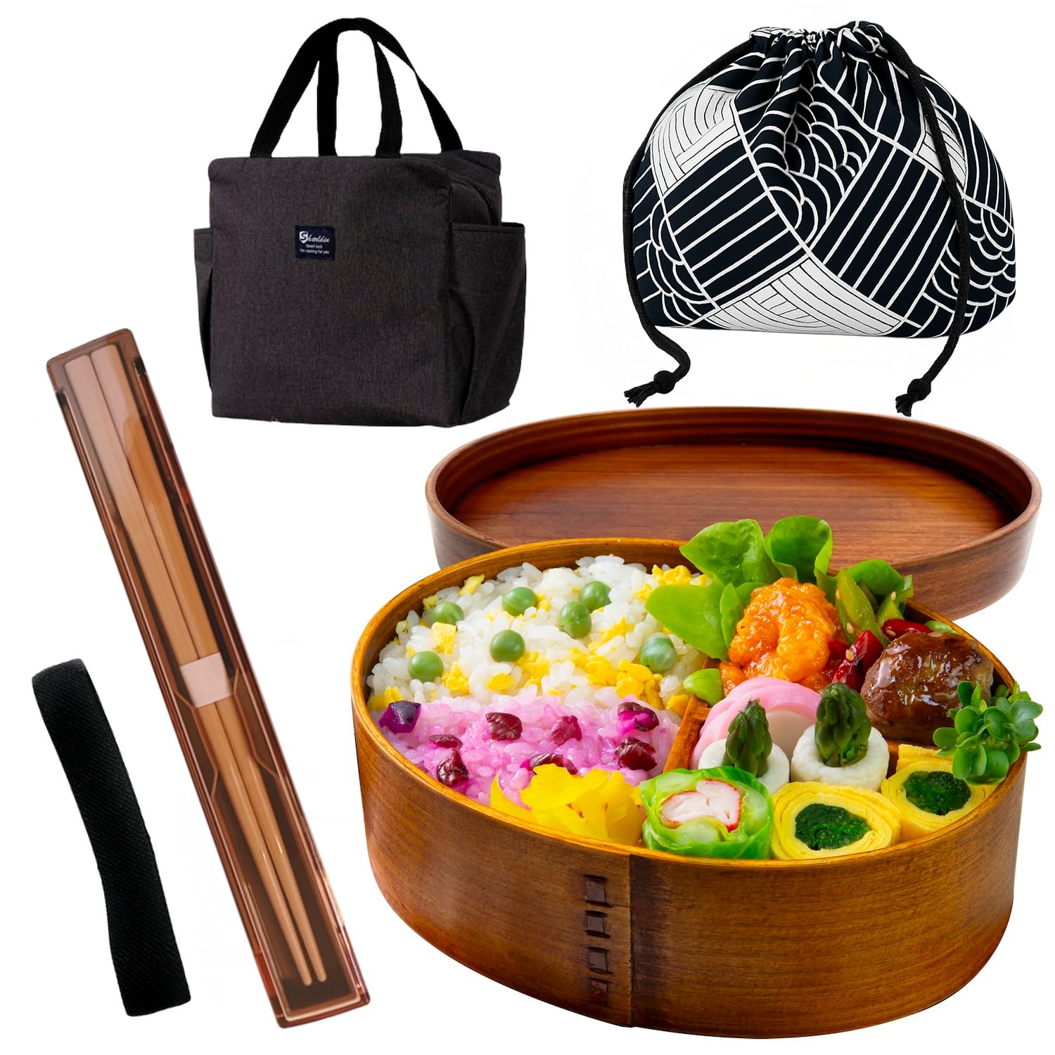 

a drawstring Bento box Insulated food Drawstring Care bento box [Includes Japanese-style bag] 1. (Yanagi cedar), 2. Chopsticks, 3. hot/cold bag, 4.