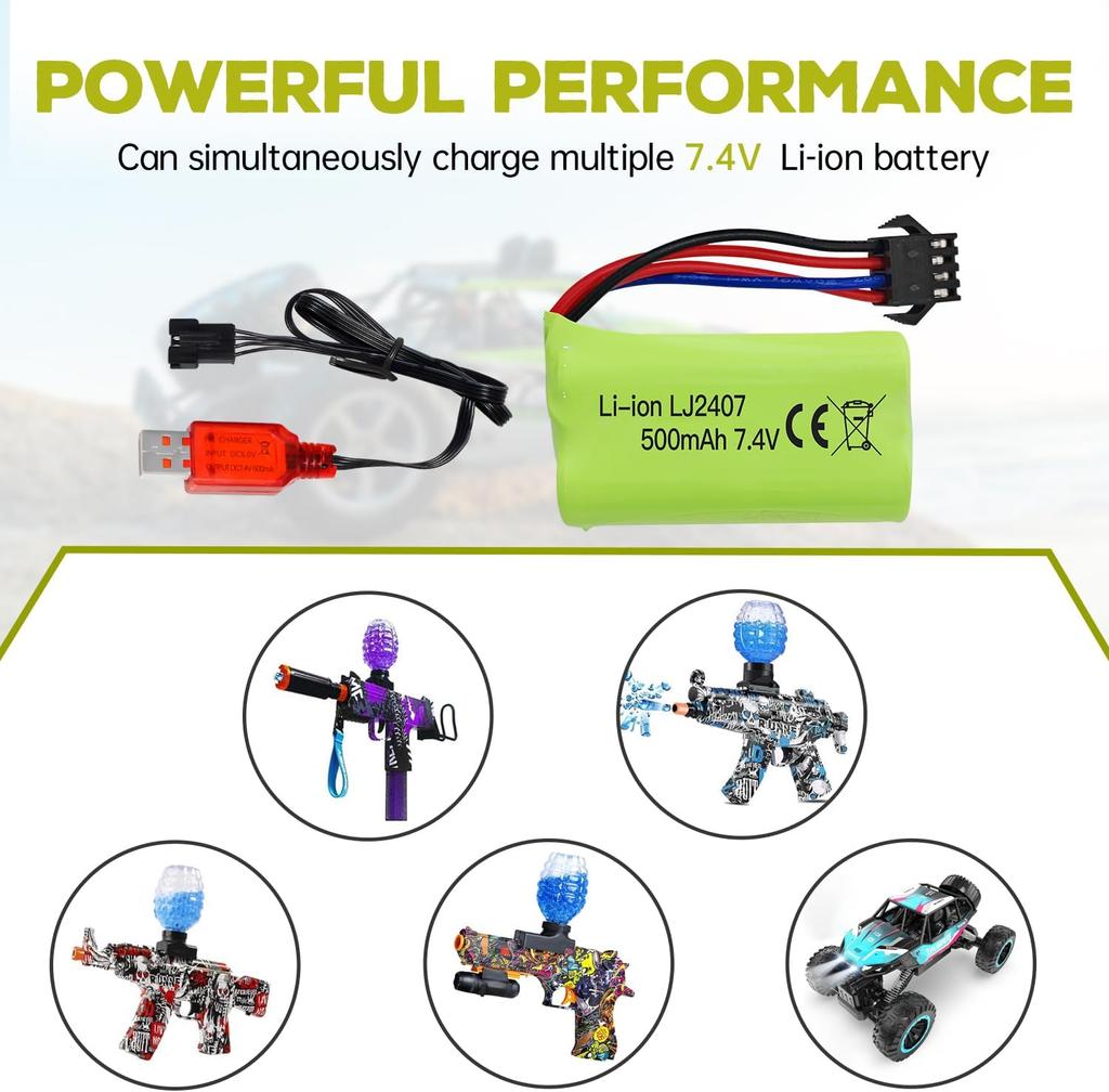 Høyhastighets litiumbatteri 7,4V 500mAh – Kompatibelt med EC16 DE85 for RC-båt, skipsmodell, bil – med USB-lader
