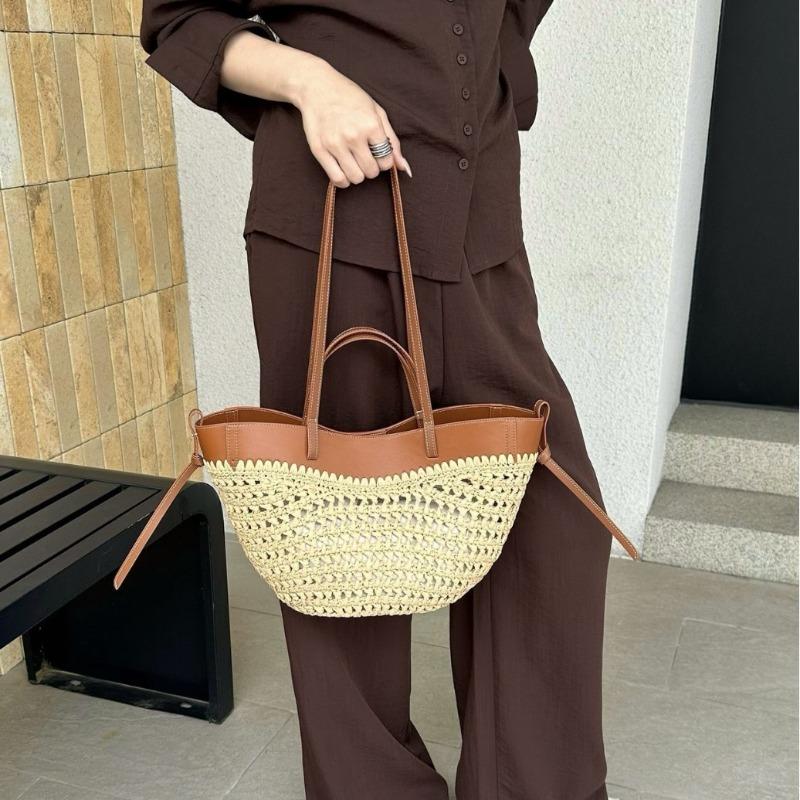 Internet celebrity popular POLE high quality French straw tote bag leather splicing versatile portable underarm vegetable basket bag