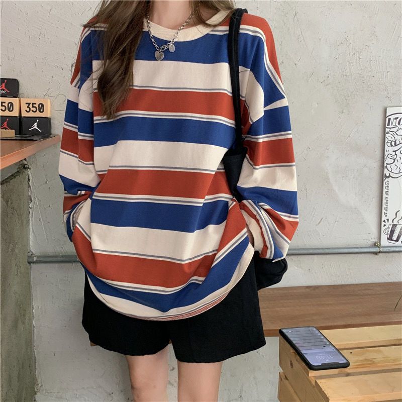 Korean Fashion Women Striped T-shirt Spring Autumn Round Neck Student Casual Thin Versatile Long Sleeve Pullover Tops
