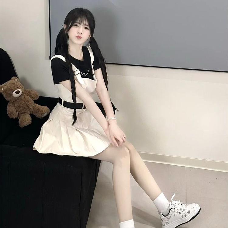 

American Retro Academy Style Summer Slimming High-Waist Black Skirt with Cute Suspenders Set XL