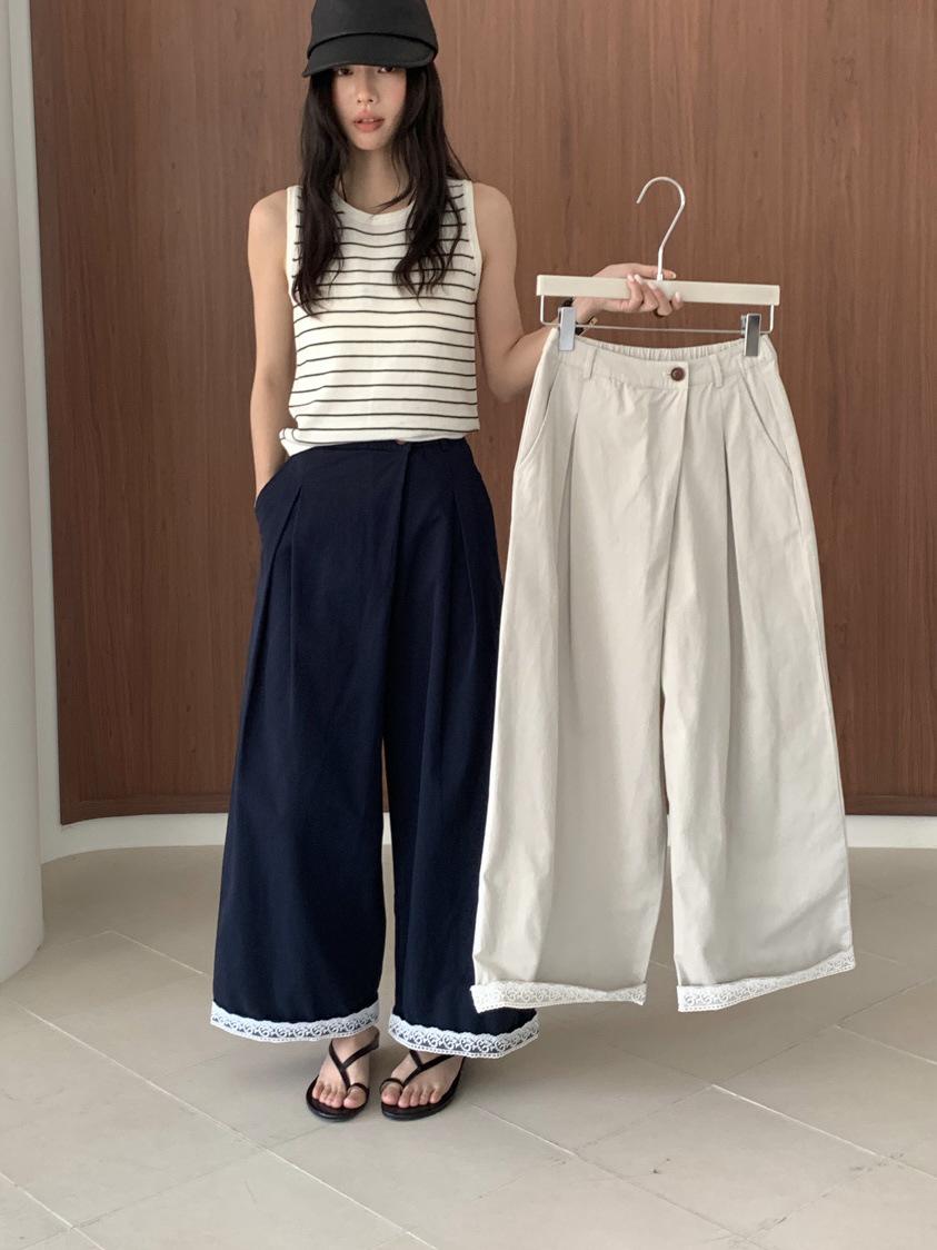 

2026 Spring Collection: Women s Asymmetrical Wide-Leg High-Waisted Pants with Lace Hem Splicing Large бежевый