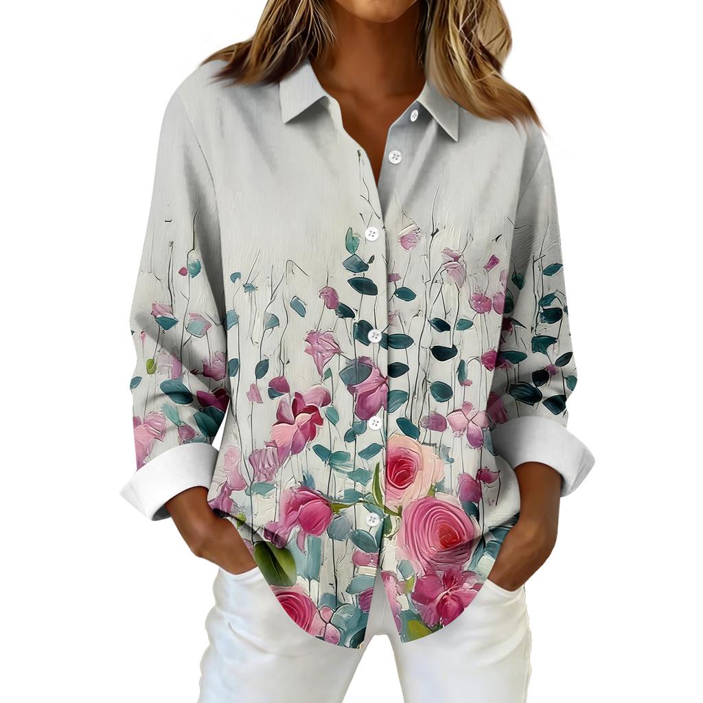 Damen Hemd Bluse Weihnachtsdruck Knopf Langarm Casual Basic Hemdkragen Normales Oberteil