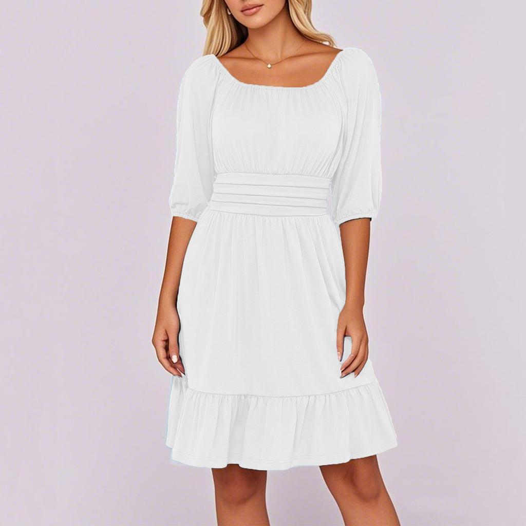 Women's Summer Square Neck Ruffle Short Sleeve Tie Solid Color Dresses