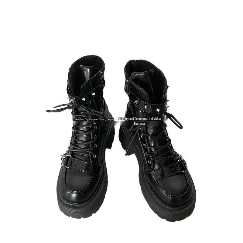 Damen Schwarze Plateau Martin Boots - Britischer Stil Knöchel, Motorrad, Höhenverstärkend - 2025 Frühling/Herbst Kollektion