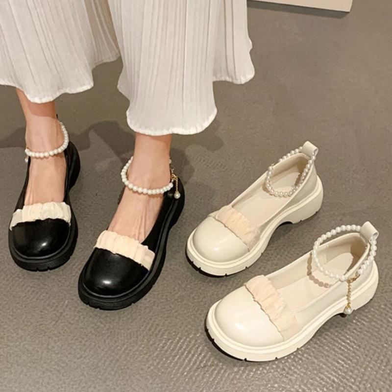 Fashion French Mary Jane Single Shoes 2024 Spring Summer New Elegant Fashion Pearl Versatile Thick Heel Thick Soled High Heels Women's