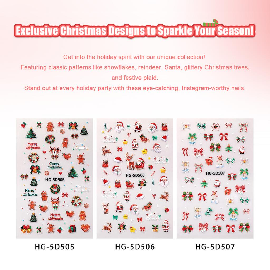 1/5pcs New Christmas Stickers 5D Cute Cartoon Santa Claus Snowflake Festival Tent Small Stickers Nail DIY Decoration Accessories