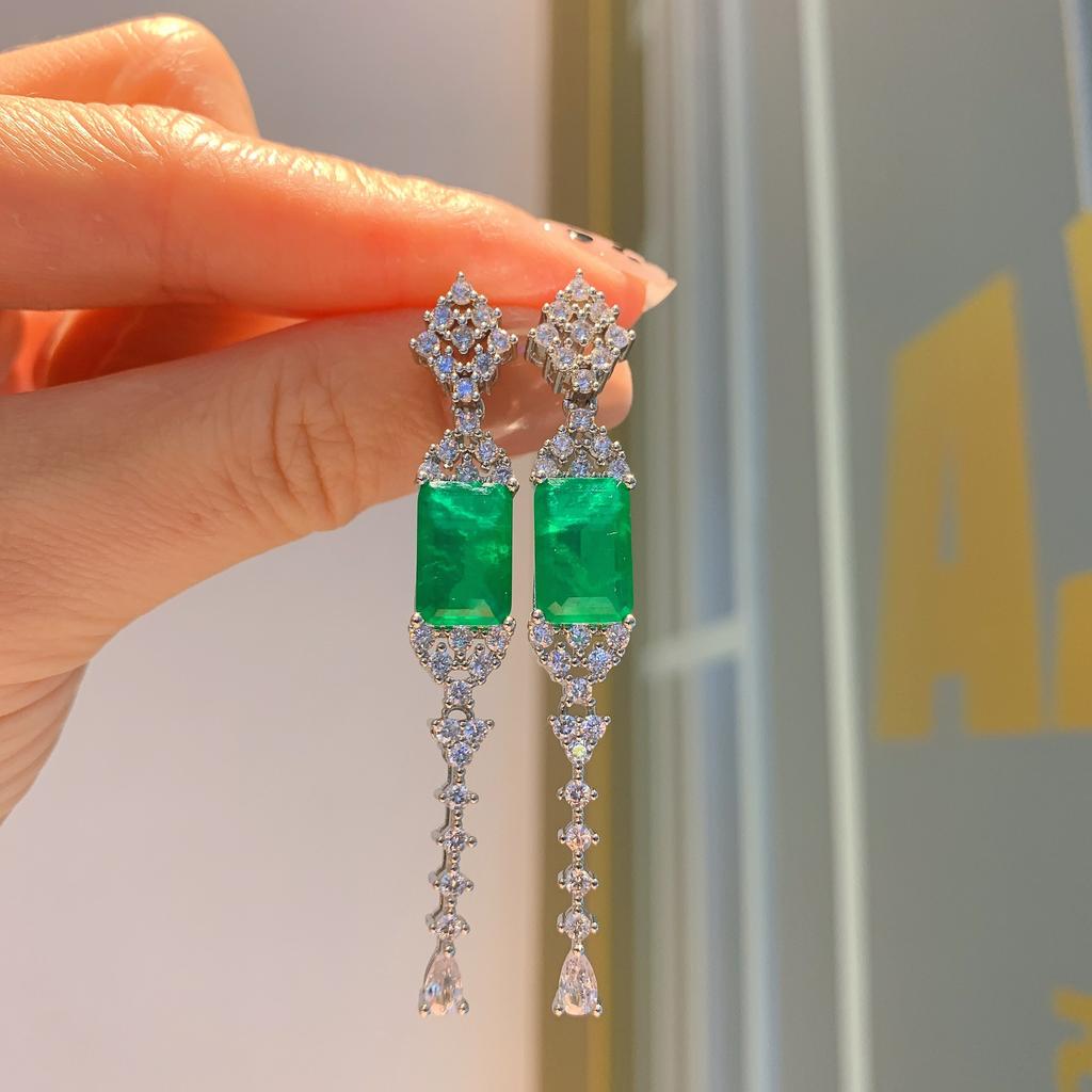 S111 Silver Needle Earrings Colored Zircon Fringed Earrings European and American Paraiba Long Earrings
