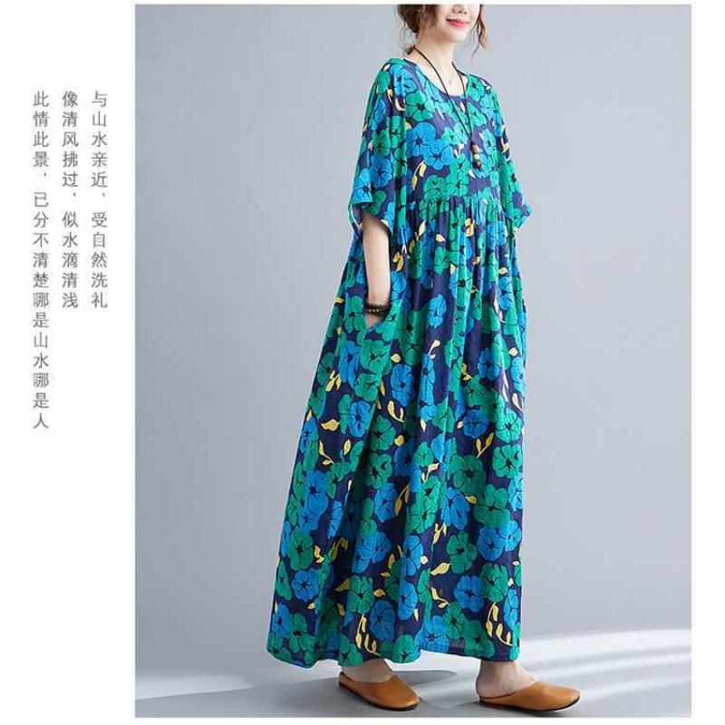 Summer New Literary Large Size Loose and Large Printed Round Neck Short Sleeve Dresses