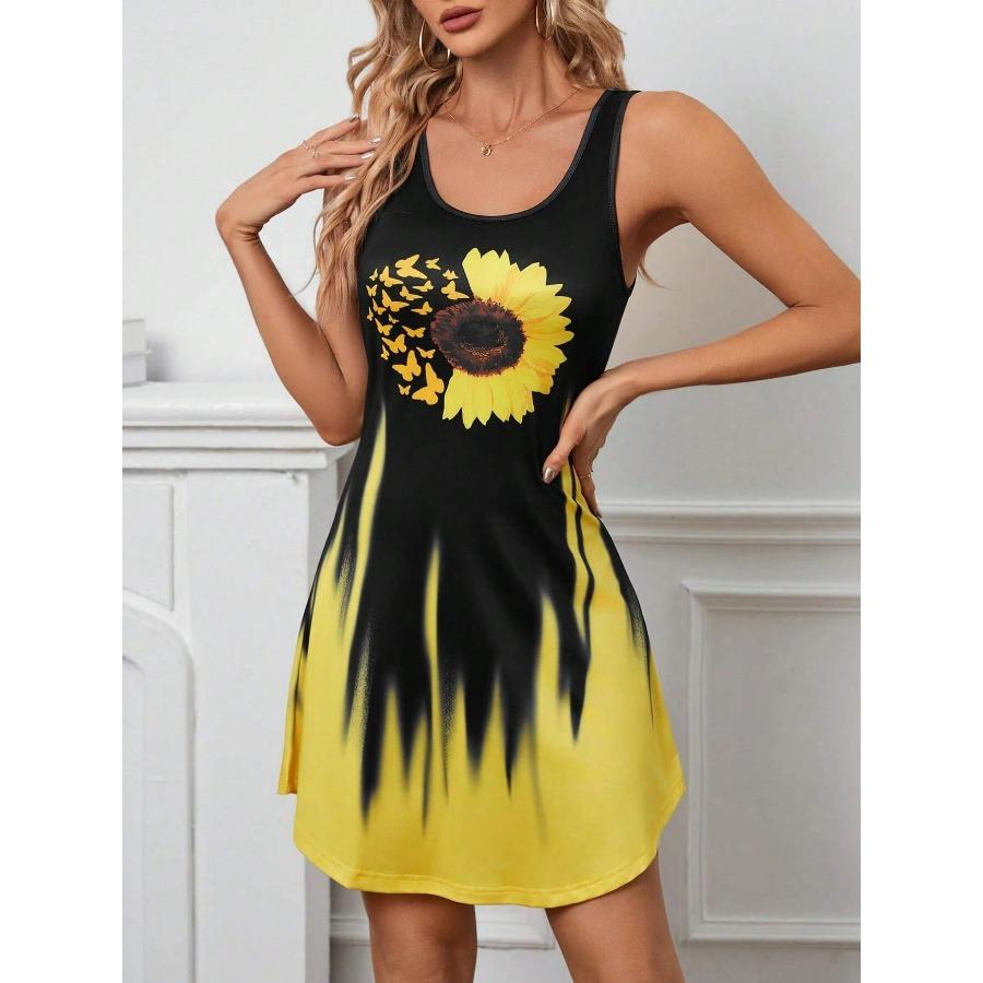 Sunflower Print Tank Dress Women's Sleeveless Dress Dresses Woman Summer Y2k Ladies Clothes Hawaii Vacation Female Clothing Tees