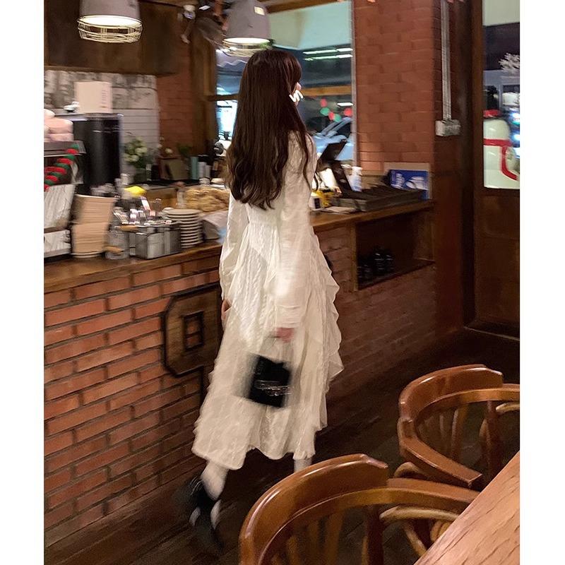 French White Lace Dress Female Pure Desire Spring and Autumn New Temperament Waist Hepburn Style Long Skirt