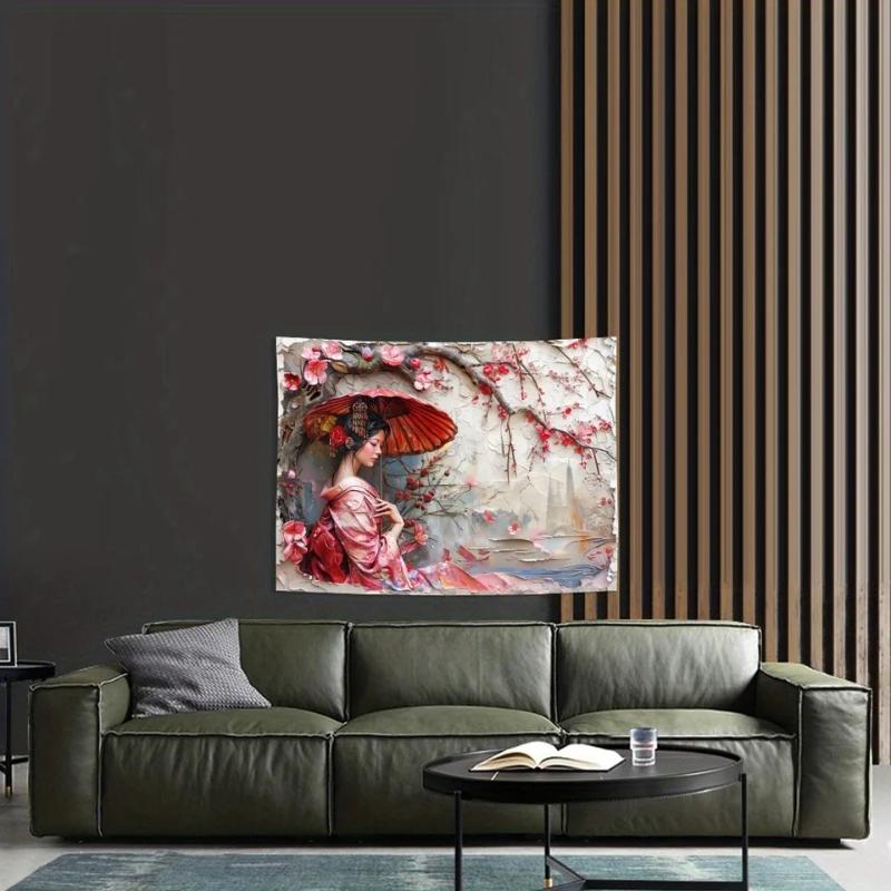 Japanese Geisha Red Plum Tapestry, 3D Texture Kimono Wall Hanging, Oriental Aesthetic Decor for Bedroom Living Room