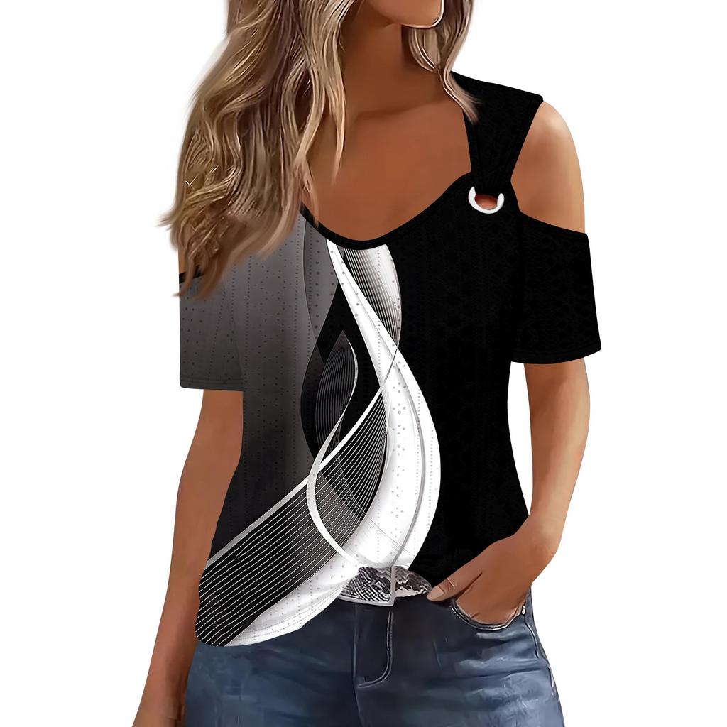 Sexy Cold Sholuder Tops For Women Summer Hollow Out Eyelet Short Sleeve Blouse Loose V Neck Tshirt Trendy Casual Tunics