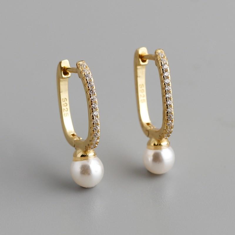 Sterling Geometric Stud Earrings With Zirconia Imitation Pearl Women Gold White Fashion Jewelry 925 Sterling Silver