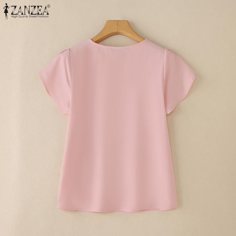 ZANZEA Women Casual Round Neck Solid Color Summer Short Sleeve Blouse