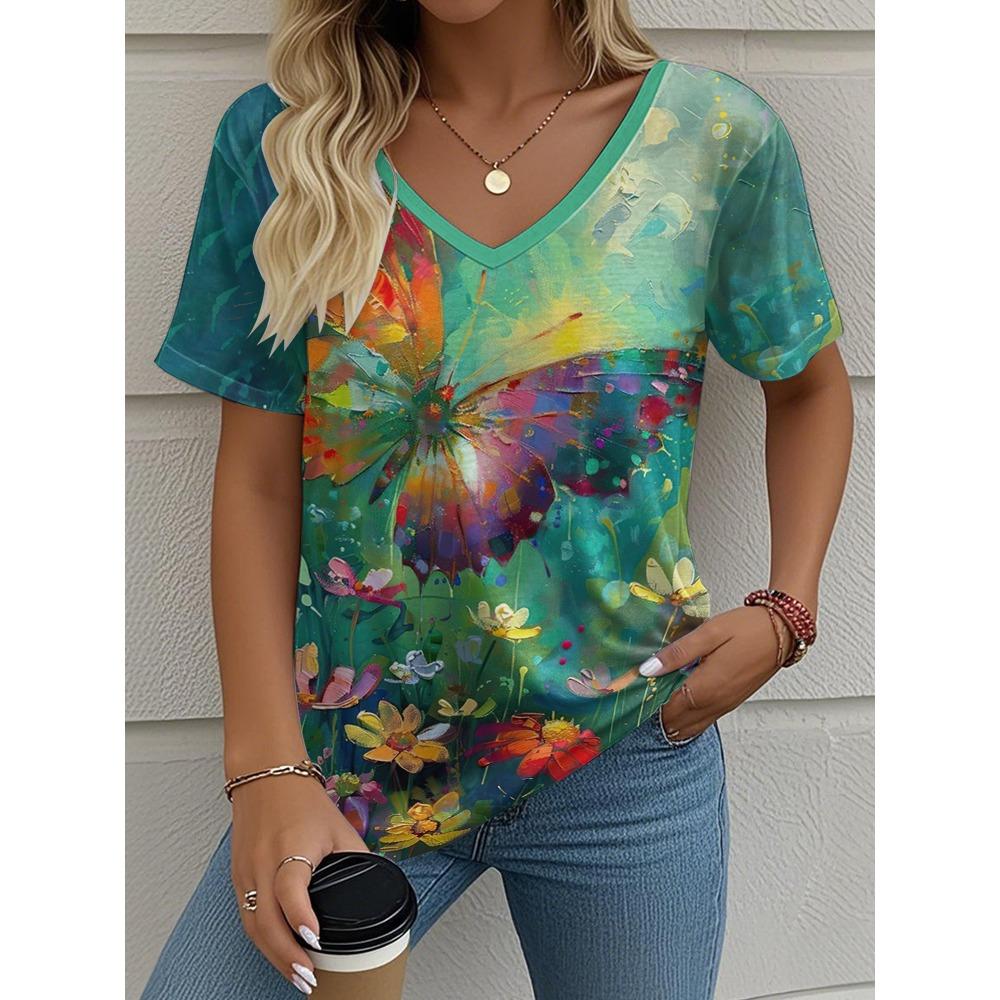 Blume Schmetterling 3D Druck T-Shirt Damen Streetwear Lässige T-Shirts Tops Sommer Harajuku V-Ausschnitt Tees Übergroße Damenbekleidung
