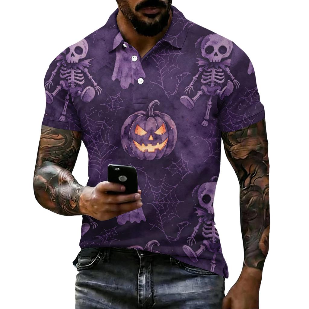 Men's Halloween Print Short Sleeve Polo Shirt Loose Casual Summer Daily Wear Top with Button Collar and Relaxed Fit for Outdoor Activities