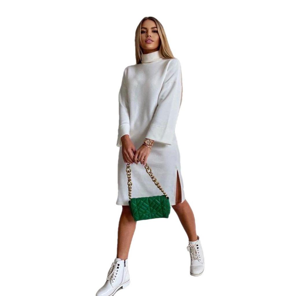 2023 Spring High Neck Long Sleeve Slit Sweatshirt Dress for Women