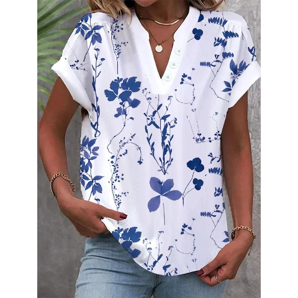 Summer Simple Casual Solid Color V-neck Short Sleeved Women's Blouses & Shirts