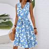 Women's Spring Summer Casual V Neck Sleeveless Waist Floral Print Midi Dress