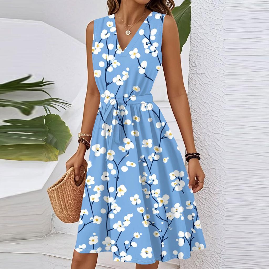 Women's Spring Summer Casual V Neck Sleeveless Waist Floral Print Midi Dress