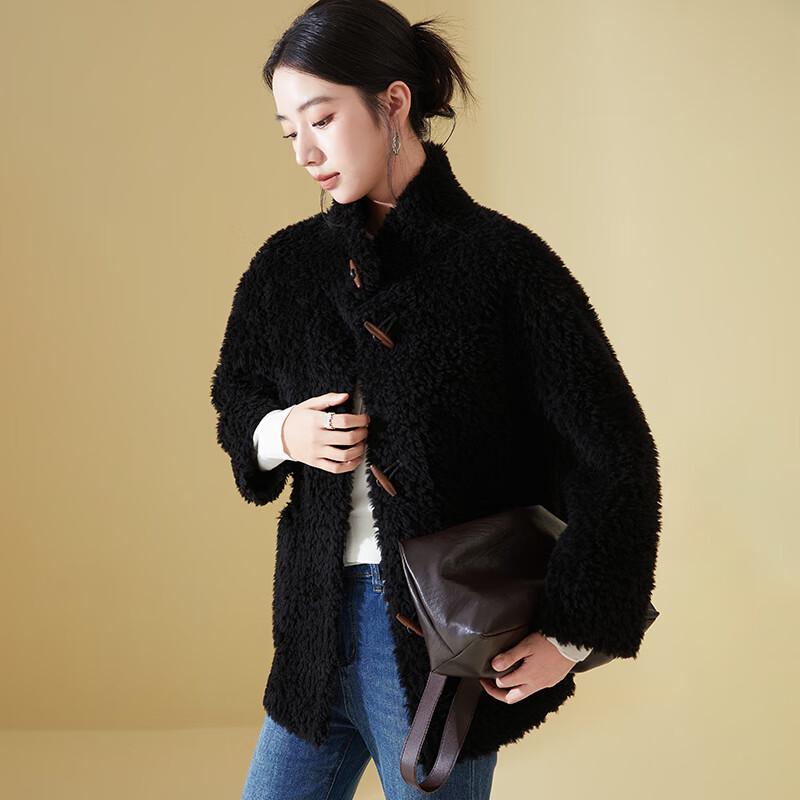 KAISER Women's Shearling Mid-Length Coat with Stand Collar and Toggle Buttons