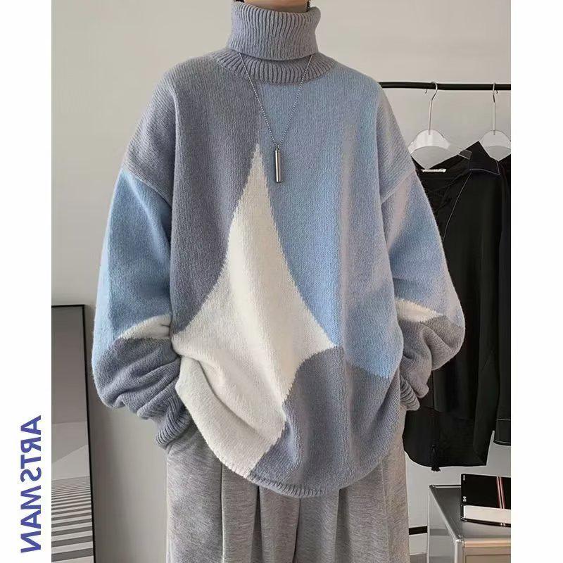 Men's Patchwork Contrast Pullover: Artistic High Neck Knitwear for Autumn/Winter