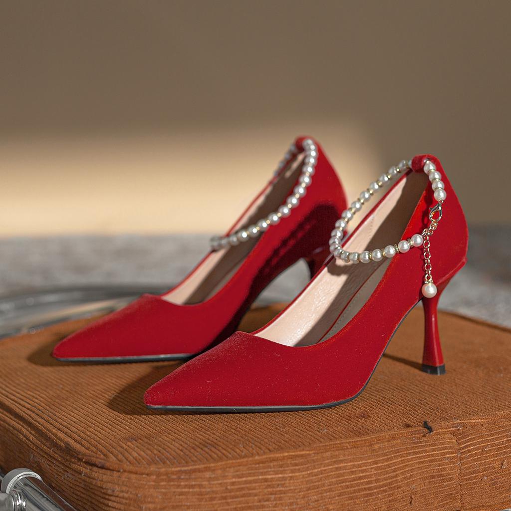 Xiuhe Wedding Shoes Chinese Red Bridal Shoes Are Not Tired, Pointed Toes, Thin Heels, High Heels, Women's Spring and Summer Pearl Chain Shoes