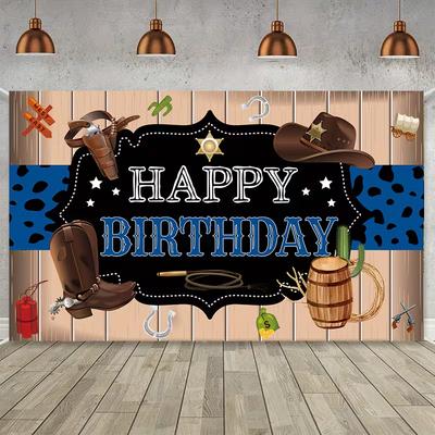 2D Rodeo Cowboy Birthday Banner, Western Wood & Cactus Backdrop, Happy Birthday Party Decor