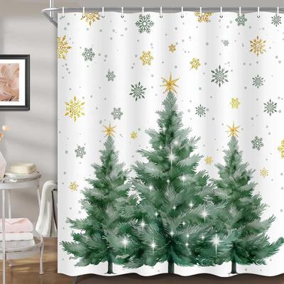 Christmas Tree Shower Curtain Green Trees Snowflake Decorative Bath Curtain Xmas Holiday Waterproof Fabric Bathroom Curtain Se