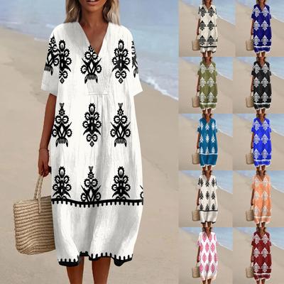 Women's Loose Casual Fashion V-Neck Printed Dress Beach Skirt