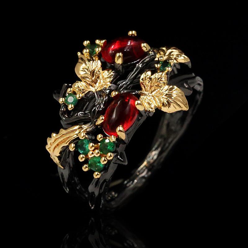 Retro Two-Tone Leaf and Fruit Ring - European & American Inspired Dark Luxury Jewelry