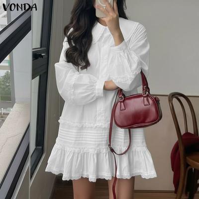 Elegant Women Doll Collar Long Sleeve Ruffled Casual Tunic Dress