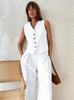 Women's Loose Fit Two Piece Pant Suit Sleeveless V Neck Button Vest Low Waist Wide Leg Trousers