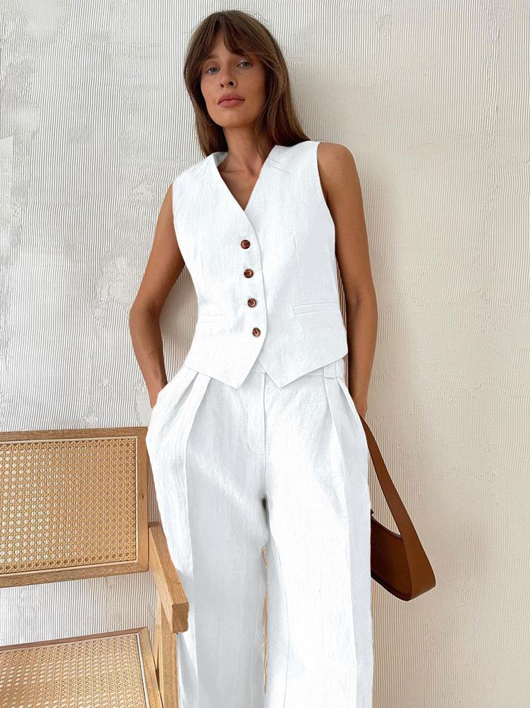 Women's Loose Fit Two Piece Pant Suit Sleeveless V Neck Button Vest Low Waist Wide Leg Trousers