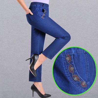 Frühling Sommer Dünne Damen High-Waist Jeans Mutter Elastischer Bund Weibliche Freizeithose Locker Elastischer Denim Neun Äste Hose