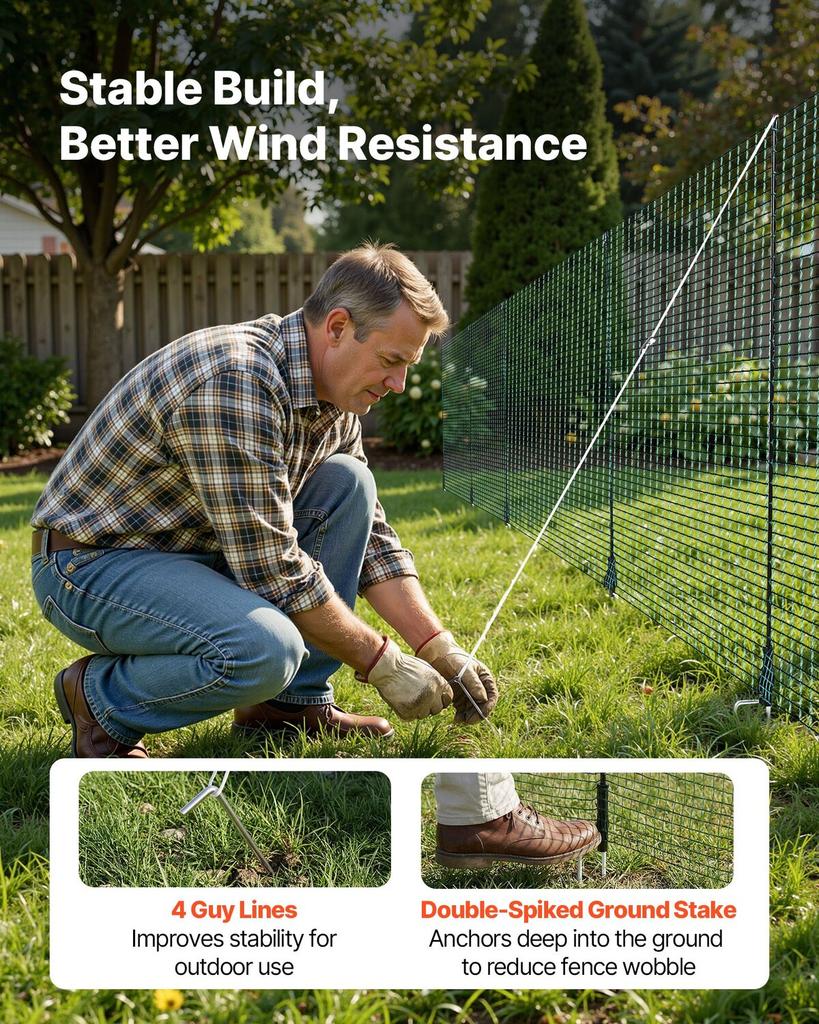 Temporary Fence with Posts, 0.9 x 25m Plastic Mesh Fencing, Garden Safety Fences Netting with Double-Spike Stakes & Guy Ropes, Temporary Fence for
