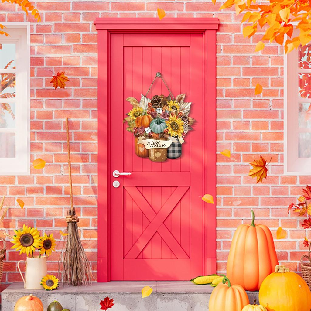 Thanksgiving Autumn Wooden Maple Leaf Welcome Door Sign Hanging Door Decoration 2D