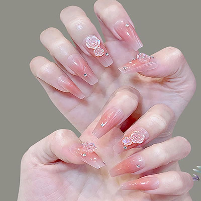 Medium & Long Nails, Perfect Square Fit, 12 Sizes - 24 Gel Nails Set, Cream Red Brown Camellia