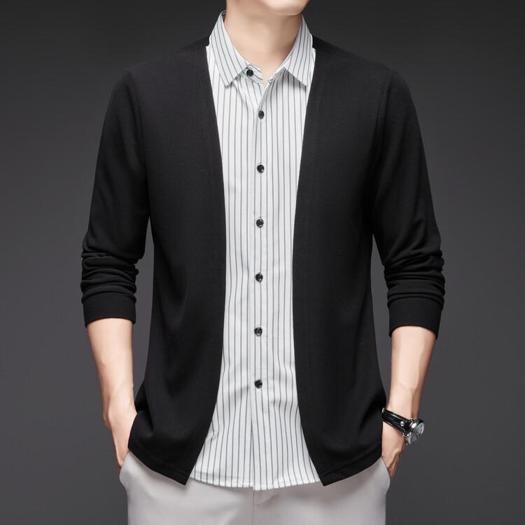 Wool Mulberry Silk Business Casual Fake Two-Piece Knit Shirt Shirt Collar, Long-Sleeve Middle-Aged Jacket, Knit Cardigan