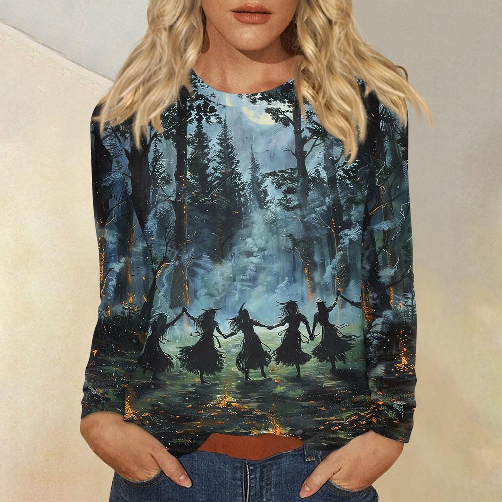 Women's Fashion Casual Halloween Printed Round Neck Long Sleeve Pullover Top