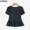 VONDA Summer Women Lace-up V Neck Puff Sleeve Ruffled Casual Blouse