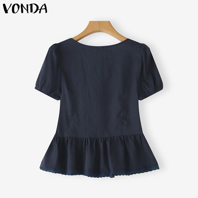 VONDA Summer Women Lace-up V Neck Puff Sleeve Ruffled Casual Blouse