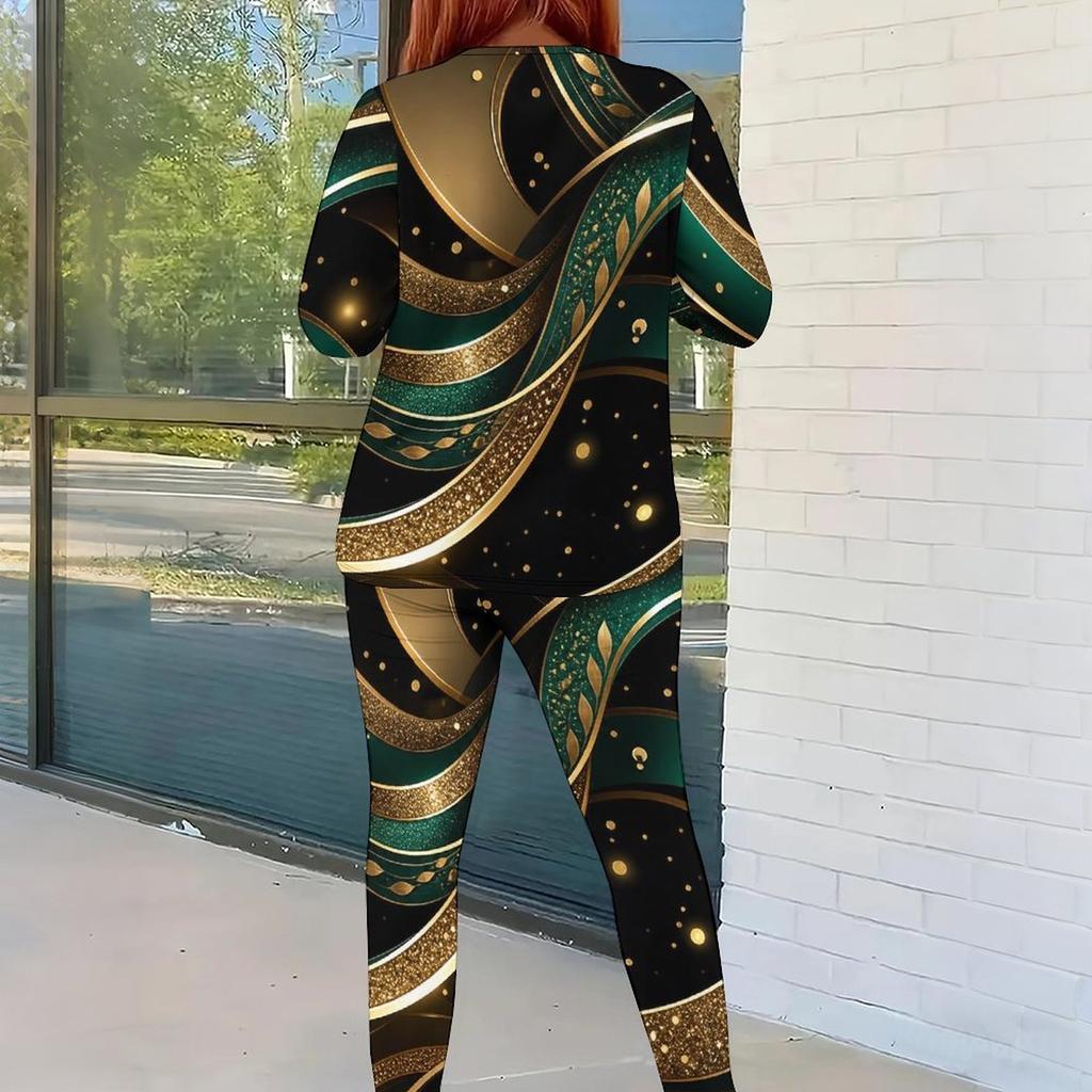 Women Plus Size Printed Round Neck Long Sleeve Top And Fitted Pants Two Piece Set